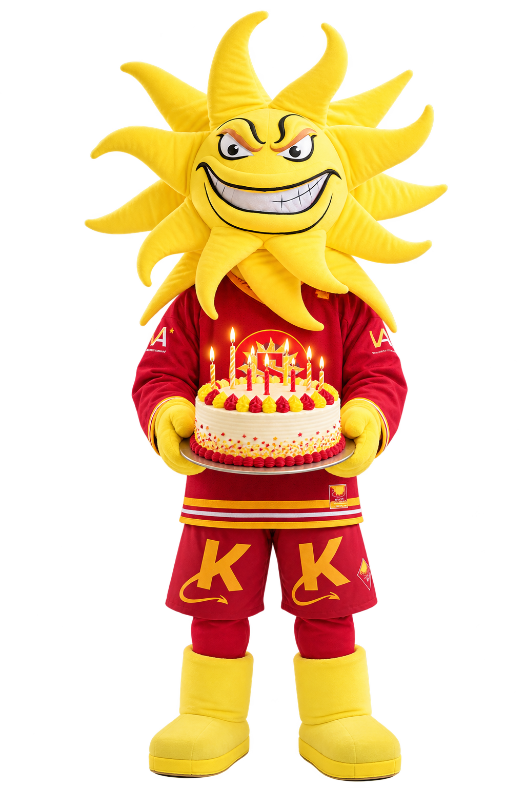 Mascotte du HC Sierre avec un gâteau d'anniversaire