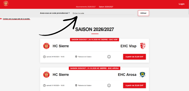 Capture d'écran montrant où saisir le code promotionnel sur la billetterie du HC Sierre